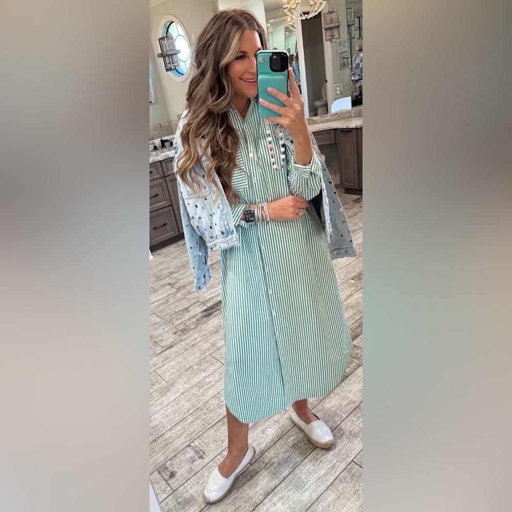 Maeve Mint Green and White Striped Maxi Shirt Dress